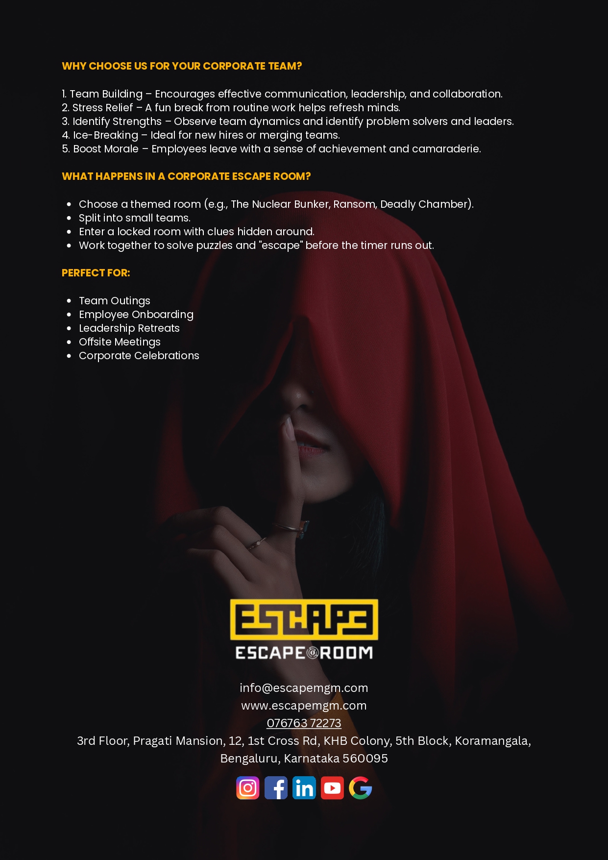 Corporate Team Building Brochure for Escape Room Koramangala