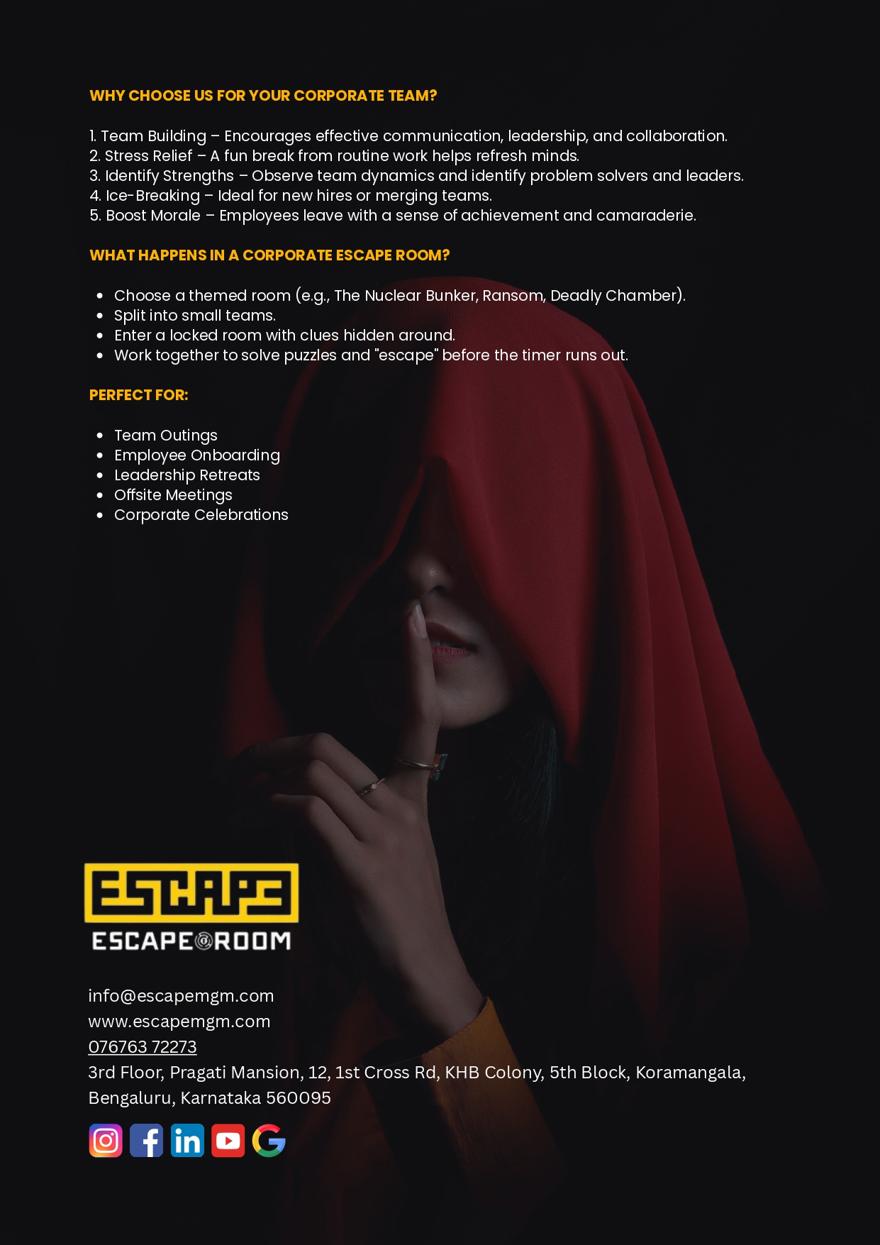 Corporate Team Building Brochure for Escape Room Koramangala